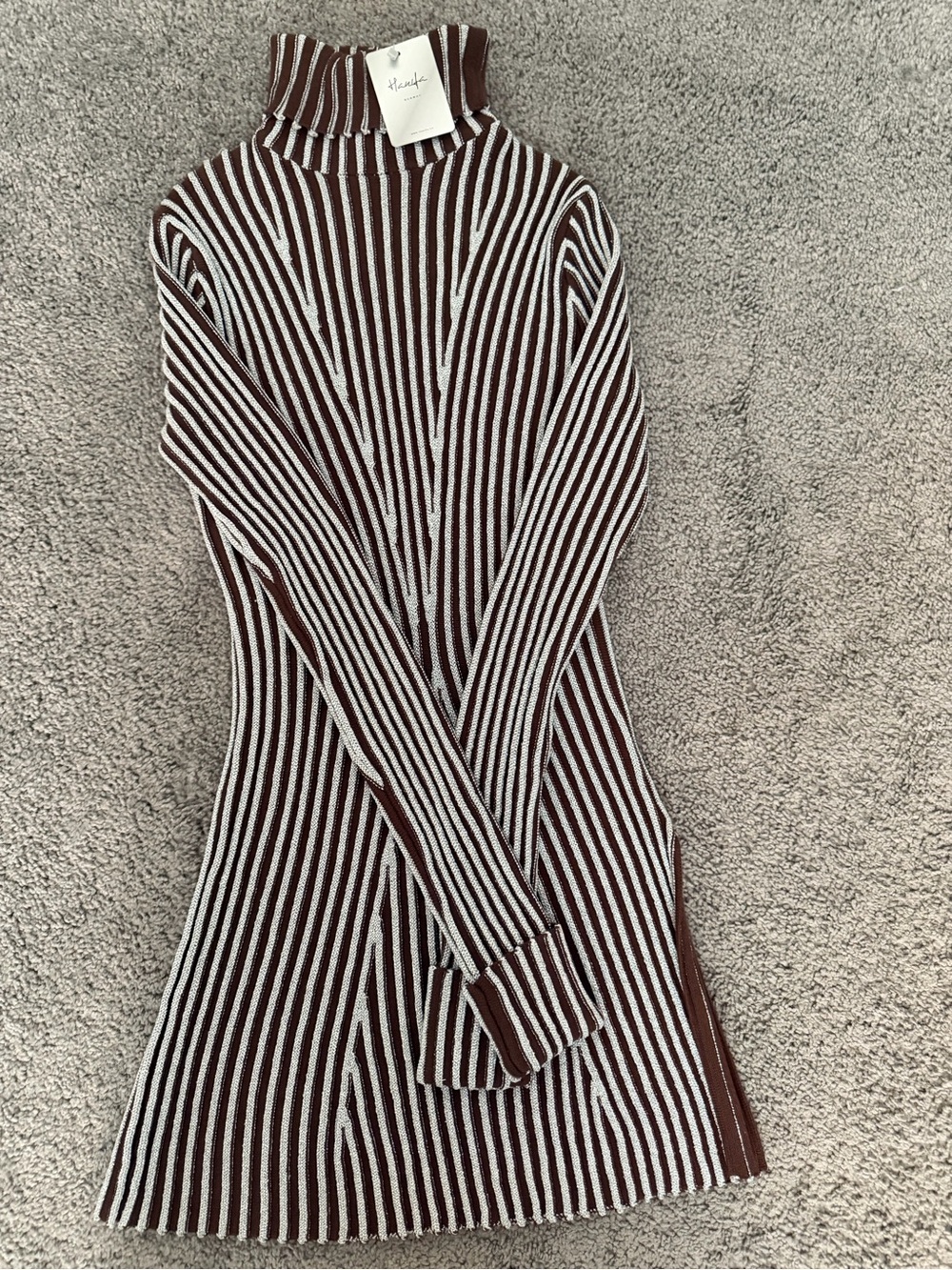 Hanifa Brown and White Long Sleeve Ribbed Dress